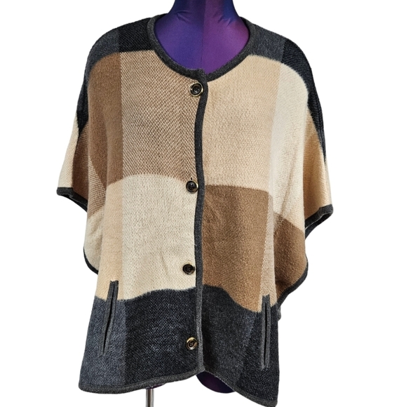 Michael Kors Neutral Wool Blend Colorblock Knit Poncho Size Small Women's A88 - Picture 8 of 8